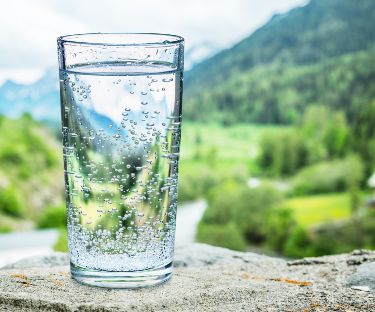 Blurred snow mountains tops and green forests at the background, as a symbol of freshness and purity.