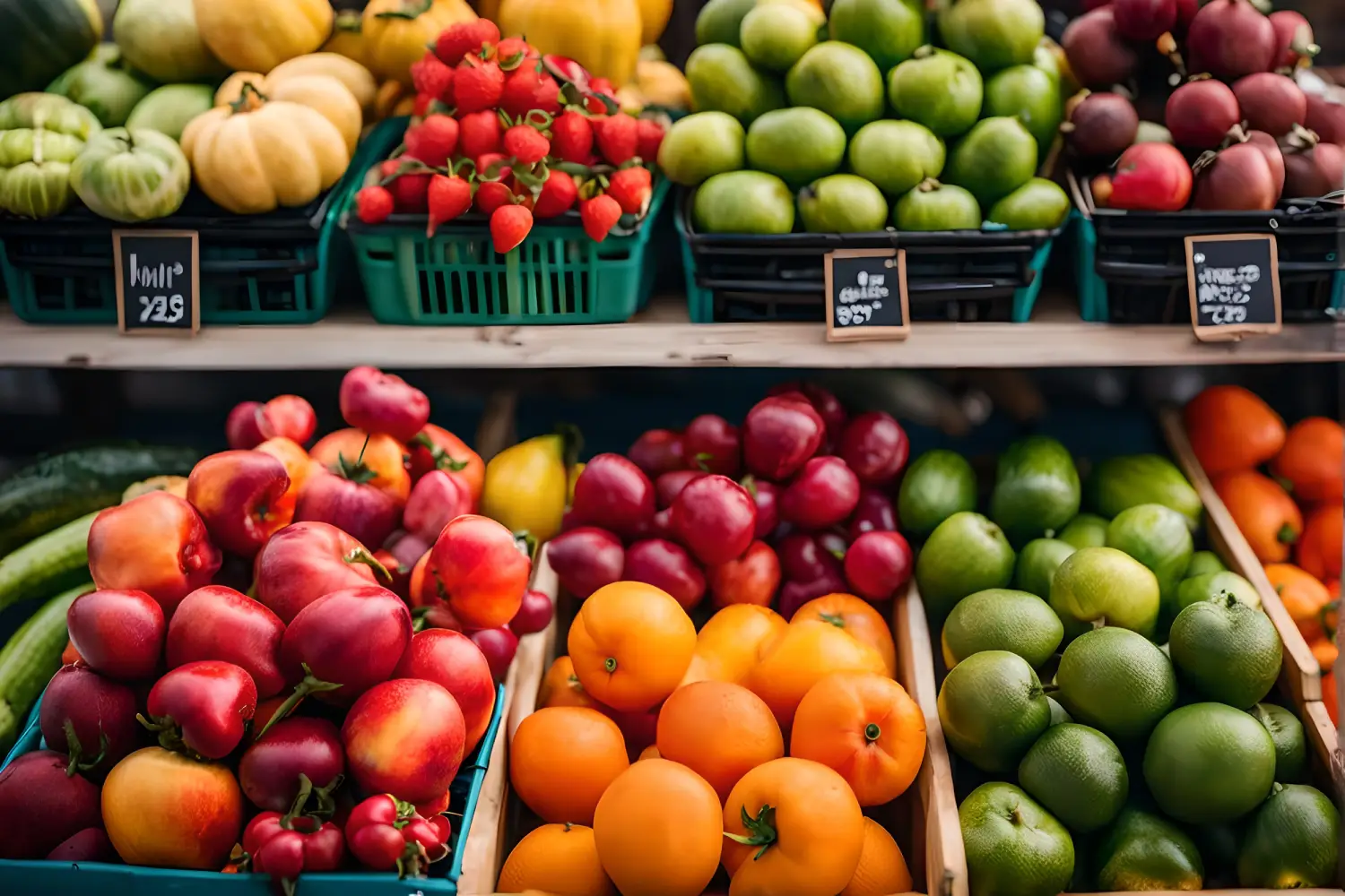 Colorful fruits and vegetables on the counter of the farmers market.